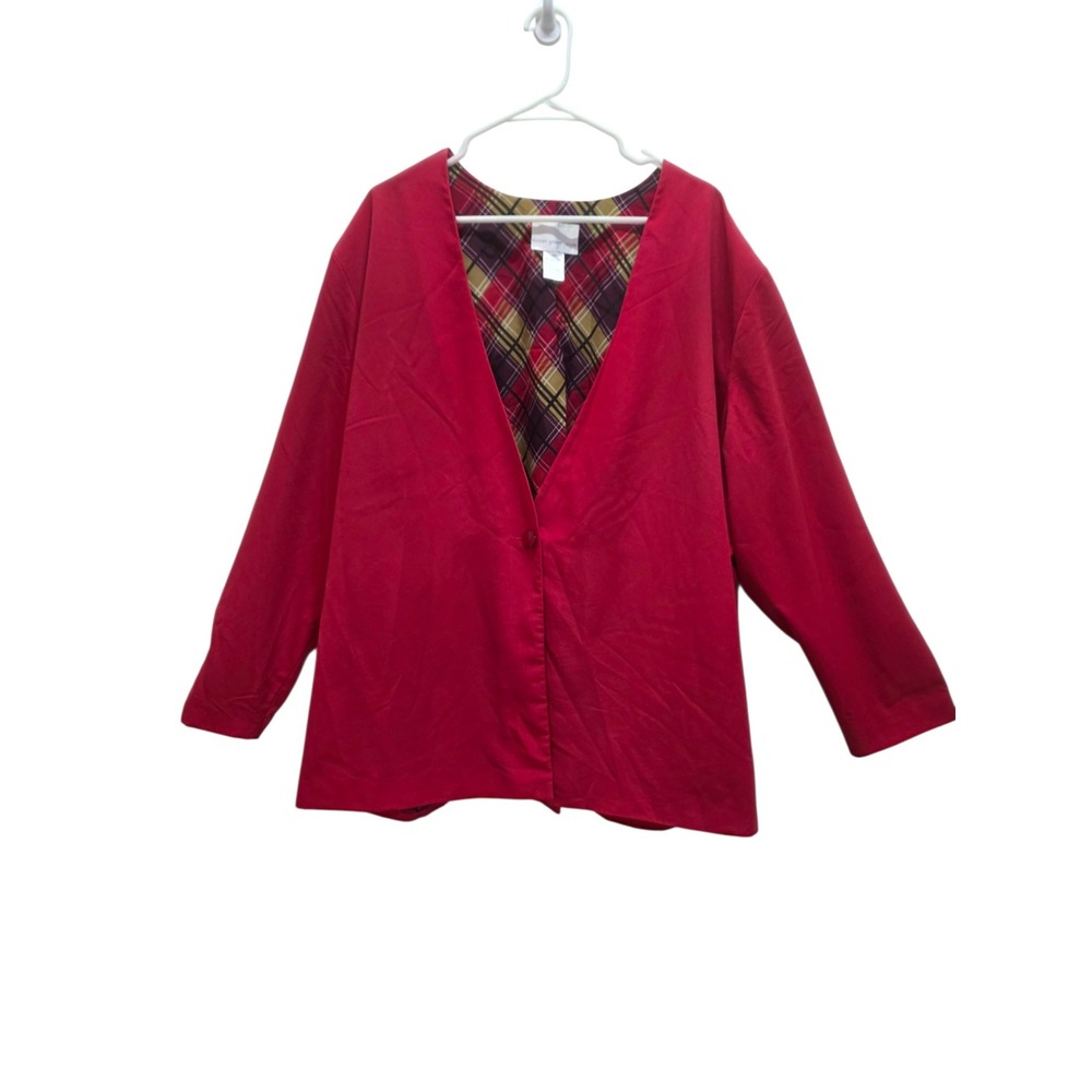Susan Graver Womens 3X Red Jacket Plaid Lined Collarless Blazer V-Neck